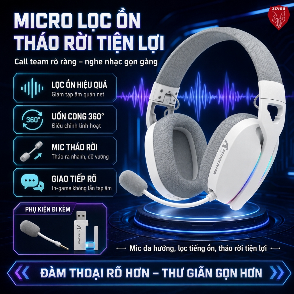 Tai Nghe Gaming Headphone Không Dây Ziyou Attack Shark L90 Bluetooth 5.3, Âm Thanh Vòm 7.1, LED RGB | BigBuy360 - bigbuy360.vn