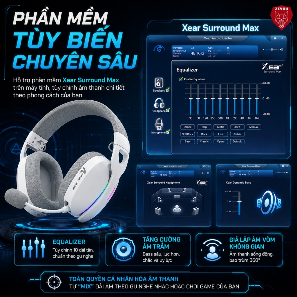 Tai Nghe Gaming Headphone Không Dây Ziyou Attack Shark L90 Bluetooth 5.3, Âm Thanh Vòm 7.1, LED RGB | BigBuy360 - bigbuy360.vn