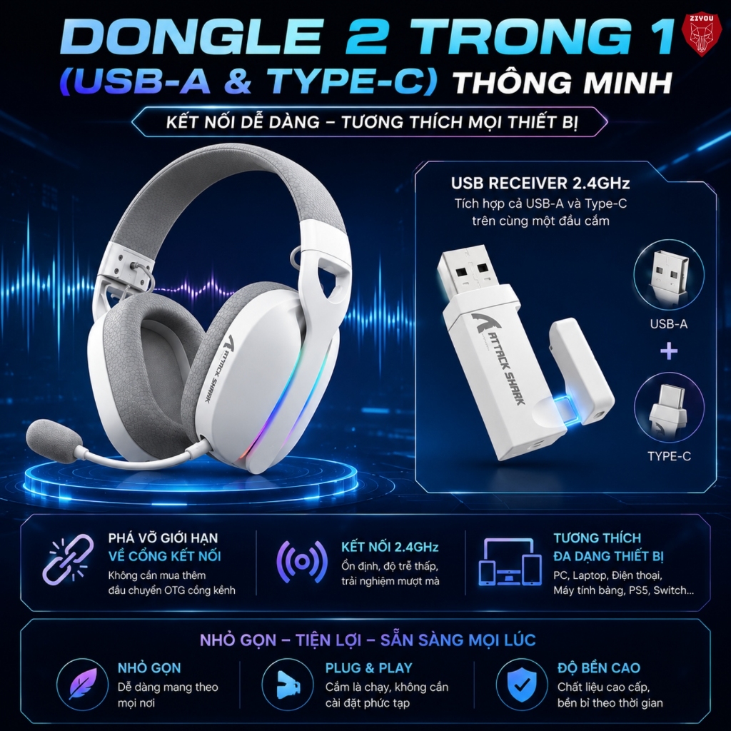 Tai Nghe Gaming Headphone Không Dây Ziyou Attack Shark L90 Bluetooth 5.3, Âm Thanh Vòm 7.1, LED RGB | BigBuy360 - bigbuy360.vn