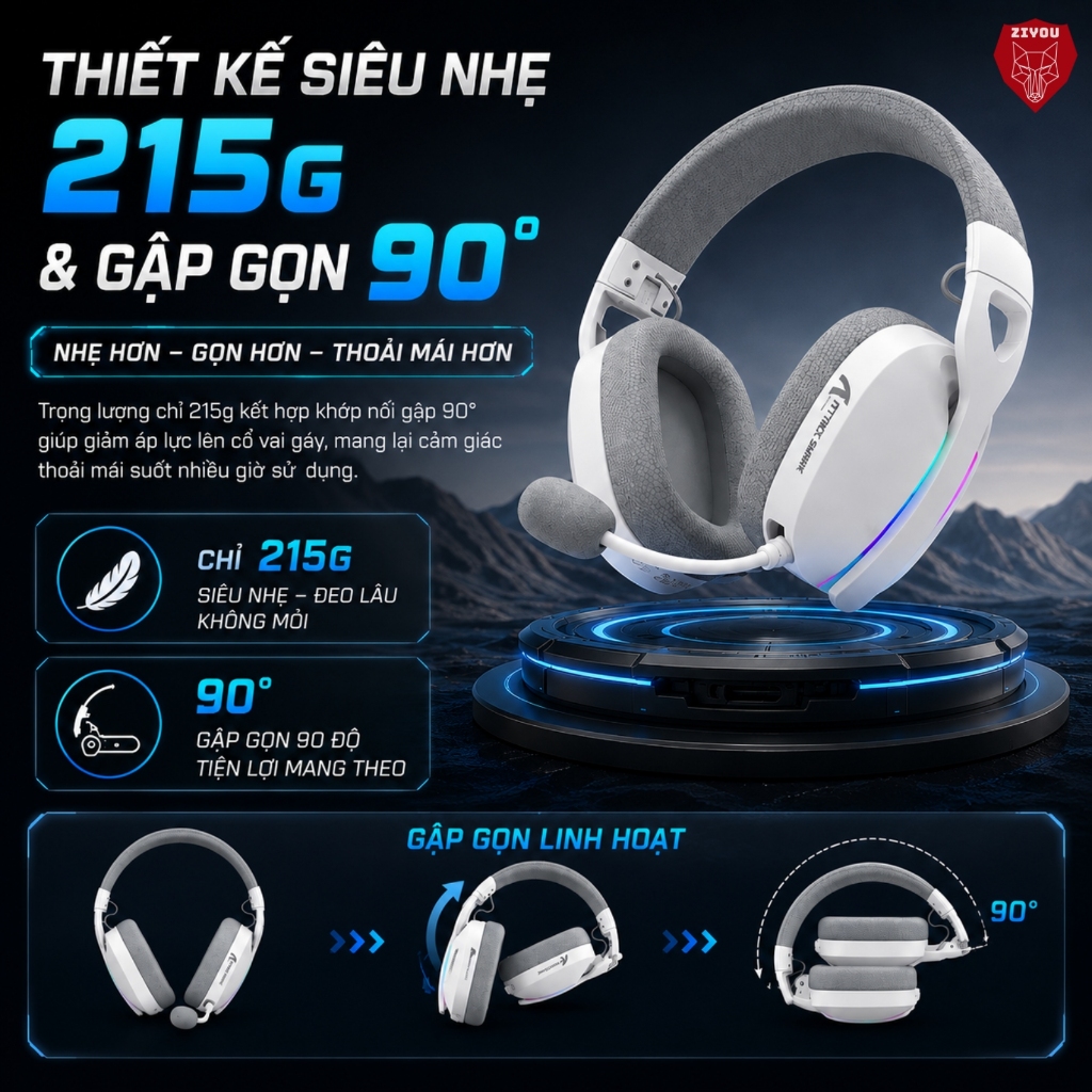 Tai Nghe Gaming Headphone Không Dây Ziyou Attack Shark L90 Bluetooth 5.3, Âm Thanh Vòm 7.1, LED RGB | BigBuy360 - bigbuy360.vn