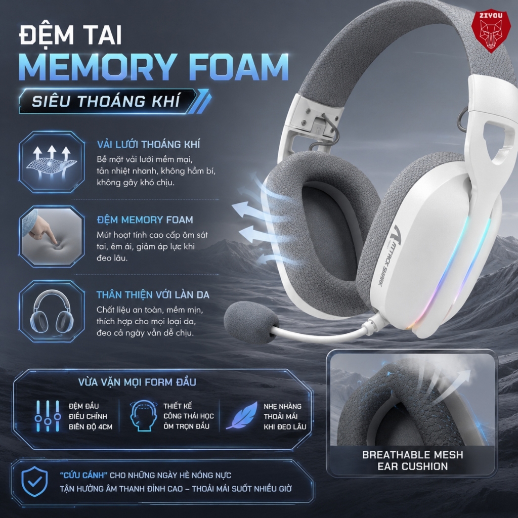 Tai Nghe Gaming Headphone Không Dây Ziyou Attack Shark L90 Bluetooth 5.3, Âm Thanh Vòm 7.1, LED RGB | BigBuy360 - bigbuy360.vn