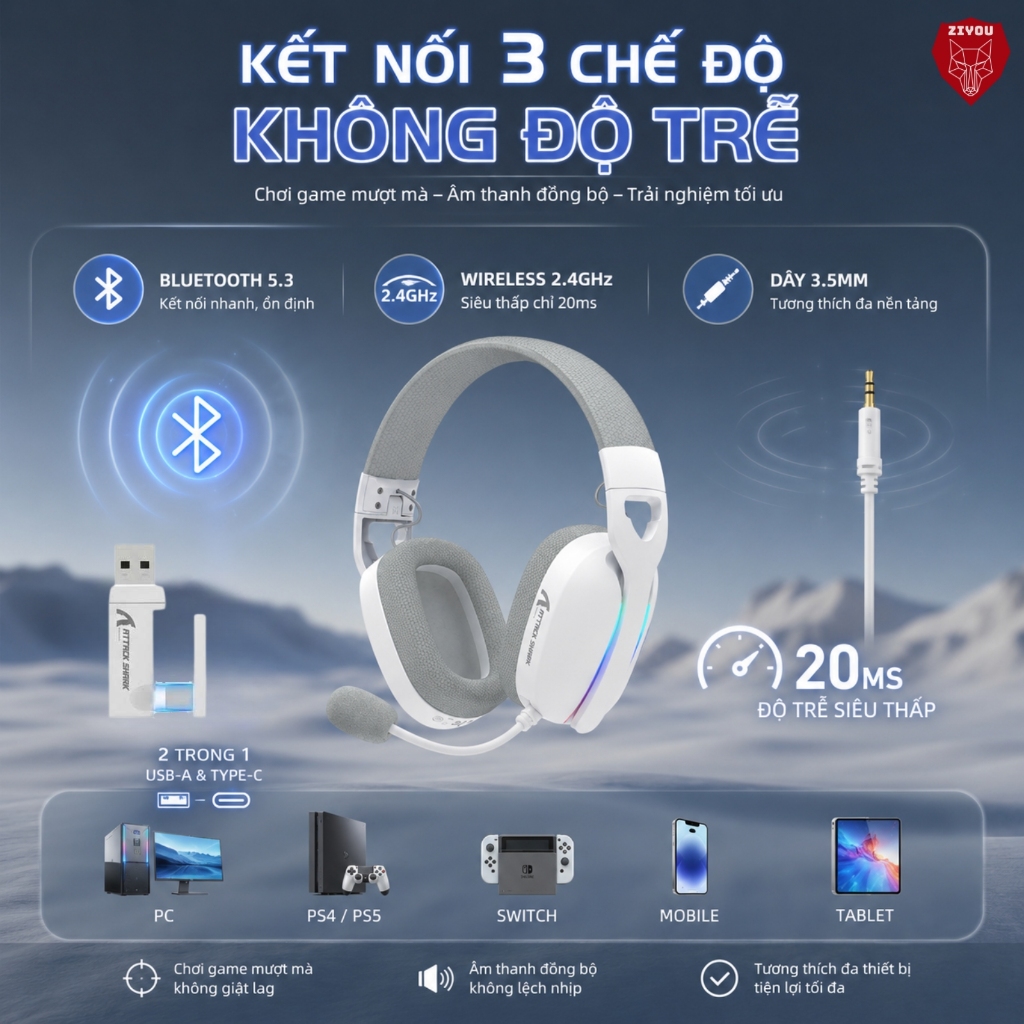 Tai Nghe Gaming Headphone Không Dây Ziyou Attack Shark L90 Bluetooth 5.3, Âm Thanh Vòm 7.1, LED RGB | BigBuy360 - bigbuy360.vn