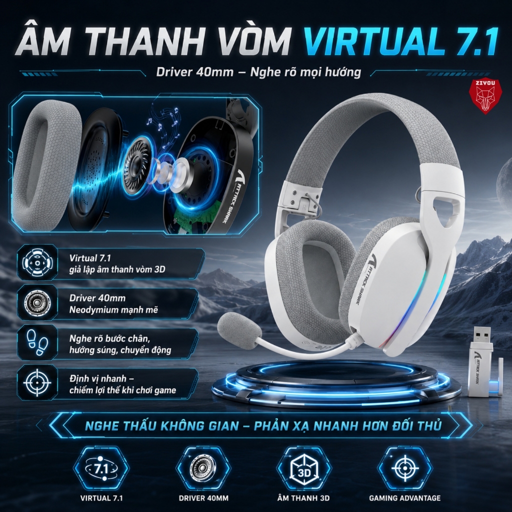 Tai Nghe Gaming Headphone Không Dây Ziyou Attack Shark L90 Bluetooth 5.3, Âm Thanh Vòm 7.1, LED RGB | BigBuy360 - bigbuy360.vn