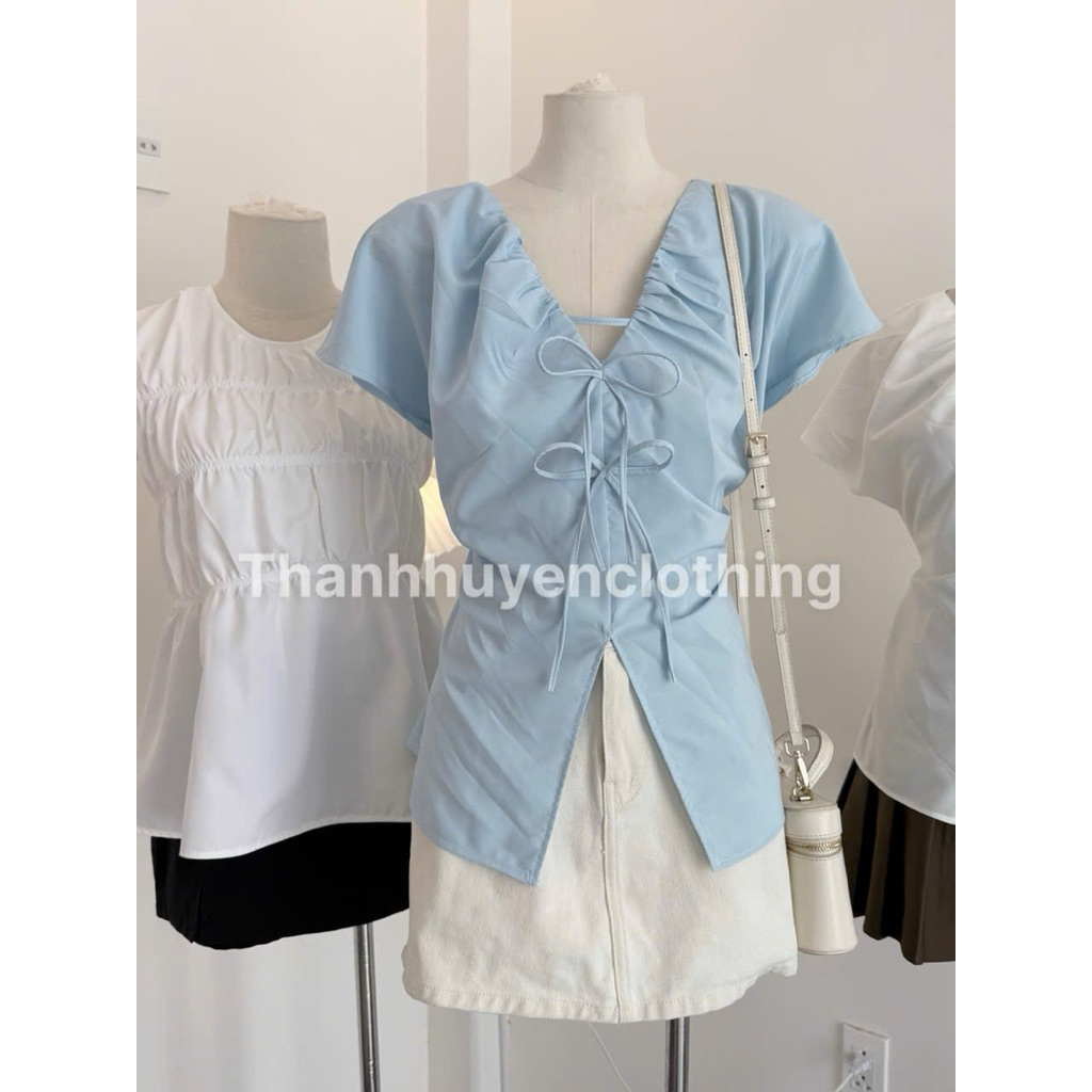 Áo sơ kiểu cổ V thắt nơ bản nhỏ thanhhuyenclothings2 - áo sơ nữ cổ V mang phong cách hàn quốc