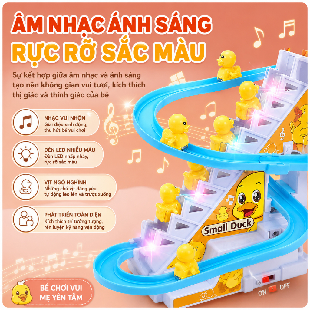 Đồ Chơi Vịt Leo Cầu Thang Trượt Đường Ray Có Nhạc Và Đèn LED - Vịt Con Leo Thang Tự Động Cho Bé