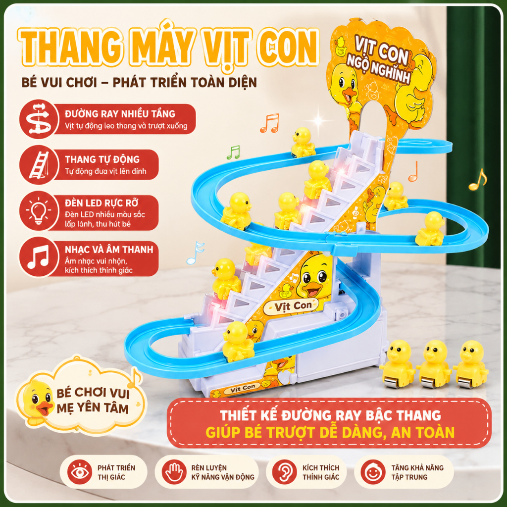 Đồ Chơi Vịt Leo Cầu Thang Trượt Đường Ray Có Nhạc Và Đèn LED - Vịt Con Leo Thang Tự Động Cho Bé
