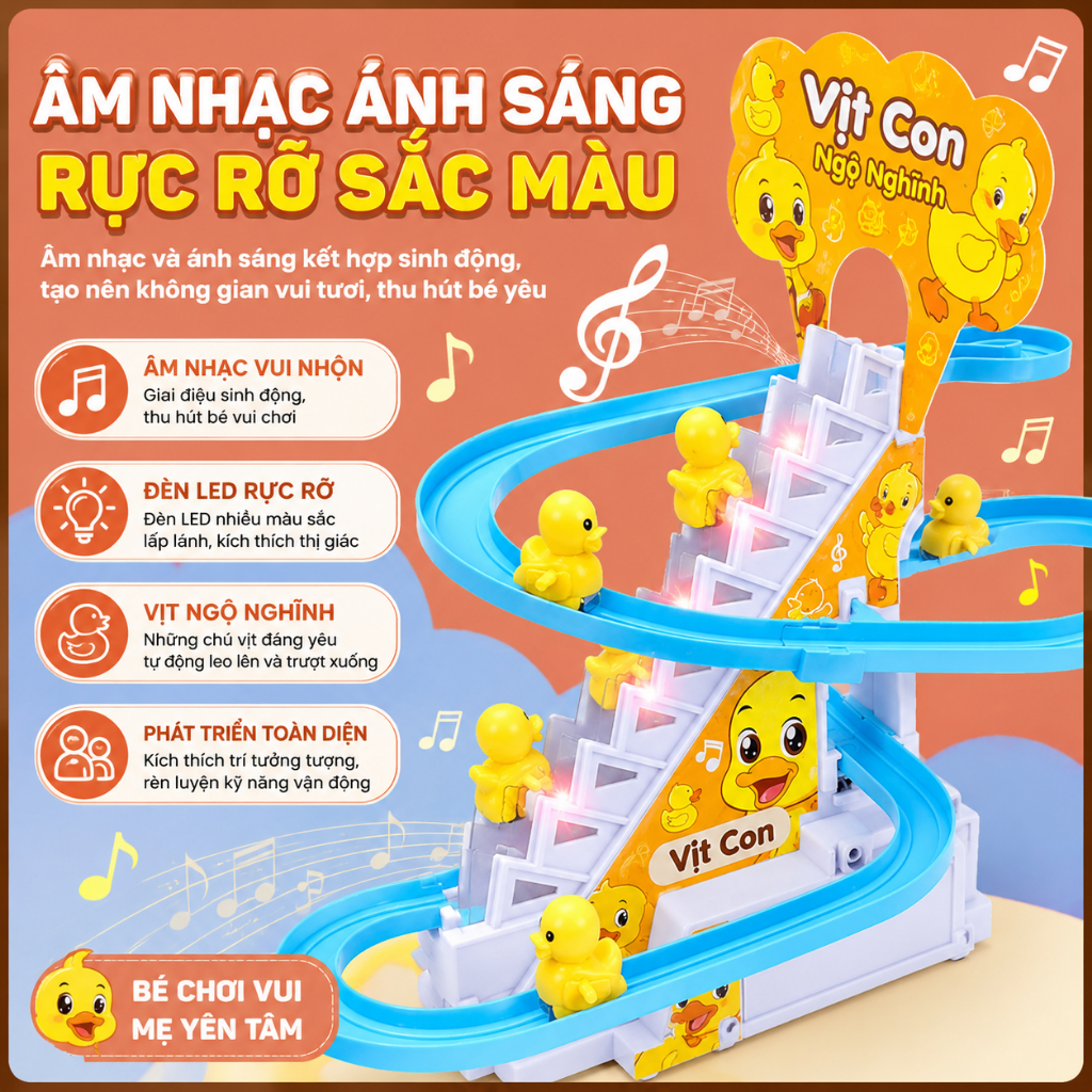 Đồ Chơi Vịt Leo Cầu Thang Trượt Đường Ray Có Nhạc Và Đèn LED - Vịt Con Leo Thang Tự Động Cho Bé