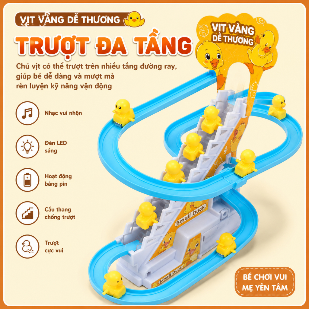 Đồ Chơi Vịt Leo Cầu Thang Trượt Đường Ray Có Nhạc Và Đèn LED - Vịt Con Leo Thang Tự Động Cho Bé