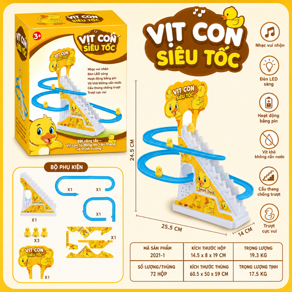 Đồ Chơi Vịt Leo Cầu Thang Trượt Đường Ray Có Nhạc Và Đèn LED - Vịt Con Leo Thang Tự Động Cho Bé