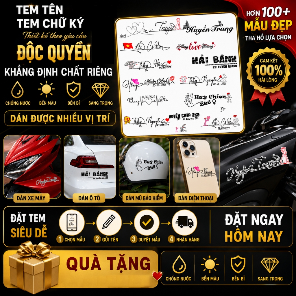 Tem chữ ký Dán Tên theo yêu cầu, Tem Chữ ký dán xe máy, dán ô tô, mũ bảo hiểm, Decal chống nước bền màu