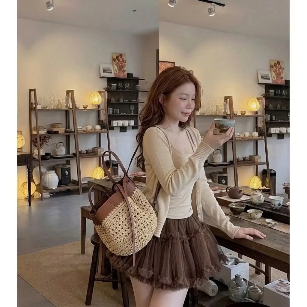 Set Bộ Đồ Nữ 3 Chi Tiết Áo 2 Dây Kèm Áo Cadigan Len Mỏng Mix Chân Váy Tu Tu Voan Tơ Xòe Bèo Tầng