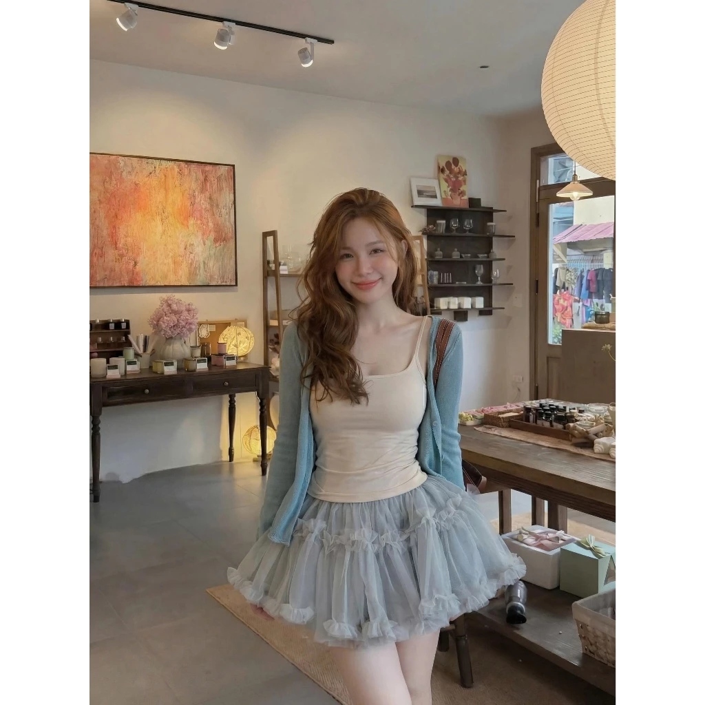 Set Bộ Đồ Nữ 3 Chi Tiết Áo 2 Dây Kèm Áo Cadigan Len Mỏng Mix Chân Váy Tu Tu Voan Tơ Xòe Bèo Tầng