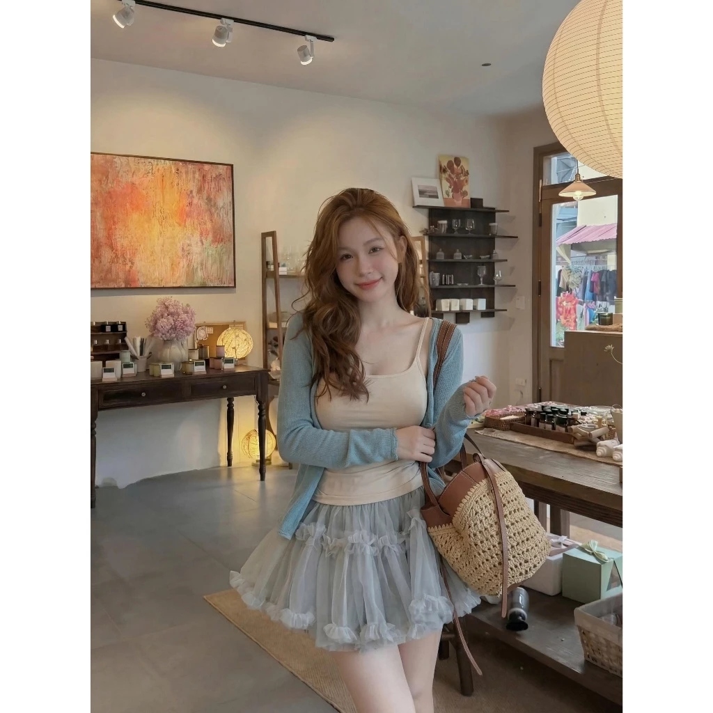 Set Bộ Đồ Nữ 3 Chi Tiết Áo 2 Dây Kèm Áo Cadigan Len Mỏng Mix Chân Váy Tu Tu Voan Tơ Xòe Bèo Tầng