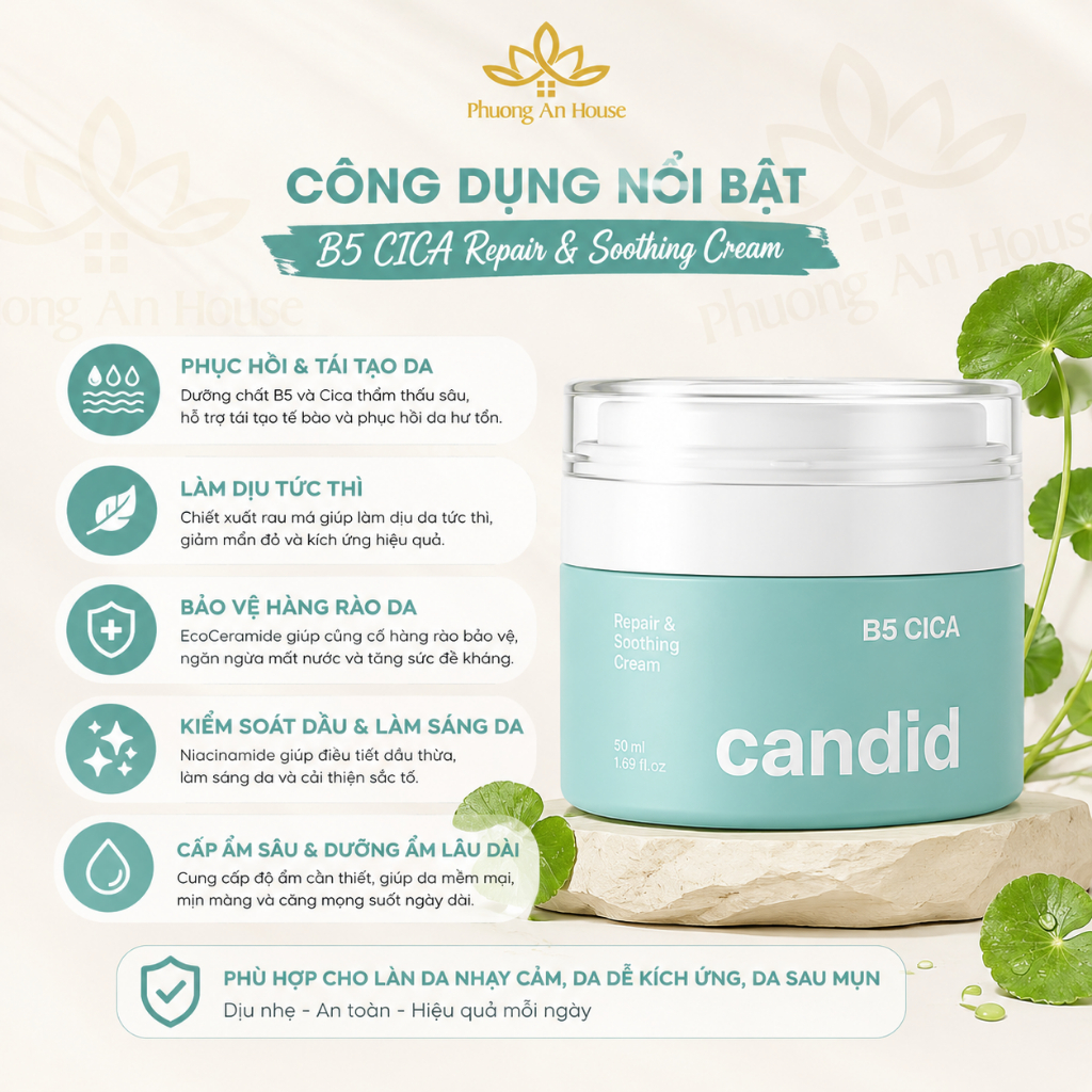 Kem Dưỡng Ẩm Candid B5 Cica Phục Hồi Bảo Vệ Da, Mặt Nạ Hyaluronic B5 Dưỡng Ẩm Làm Dịu Da