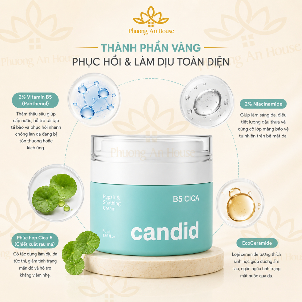 Kem Dưỡng Ẩm Candid B5 Cica Phục Hồi Bảo Vệ Da, Mặt Nạ Hyaluronic B5 Dưỡng Ẩm Làm Dịu Da