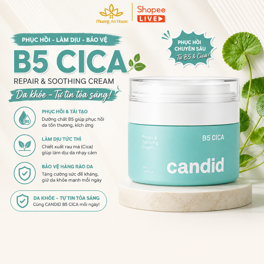 Kem Dưỡng Ẩm Candid B5 Cica Phục Hồi Bảo Vệ Da, Mặt Nạ Hyaluronic B5 Dưỡng Ẩm Làm Dịu Da