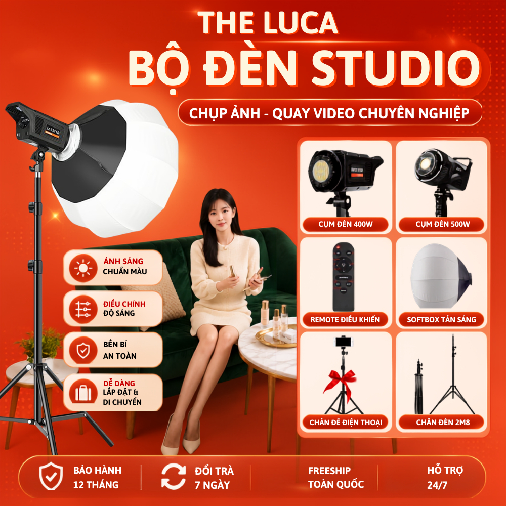 Đèn Livestream, Bộ Đèn Studio Softbox Hình Cầu Công Suất Lớn 3 Màu Ánh Sáng - Hỗ Trợ Livestream, Quay Video, Chụp Ảnh