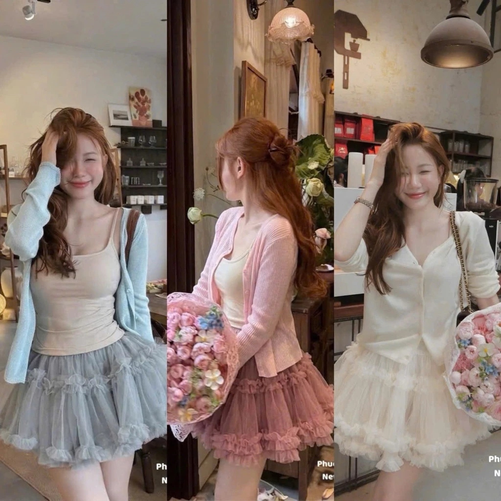 Set Bộ Đồ Nữ 3 Chi Tiết Áo 2 Dây Kèm Áo Cadigan Len Mỏng Mix Chân Váy Tu Tu Voan Tơ Xòe Bèo Tầng