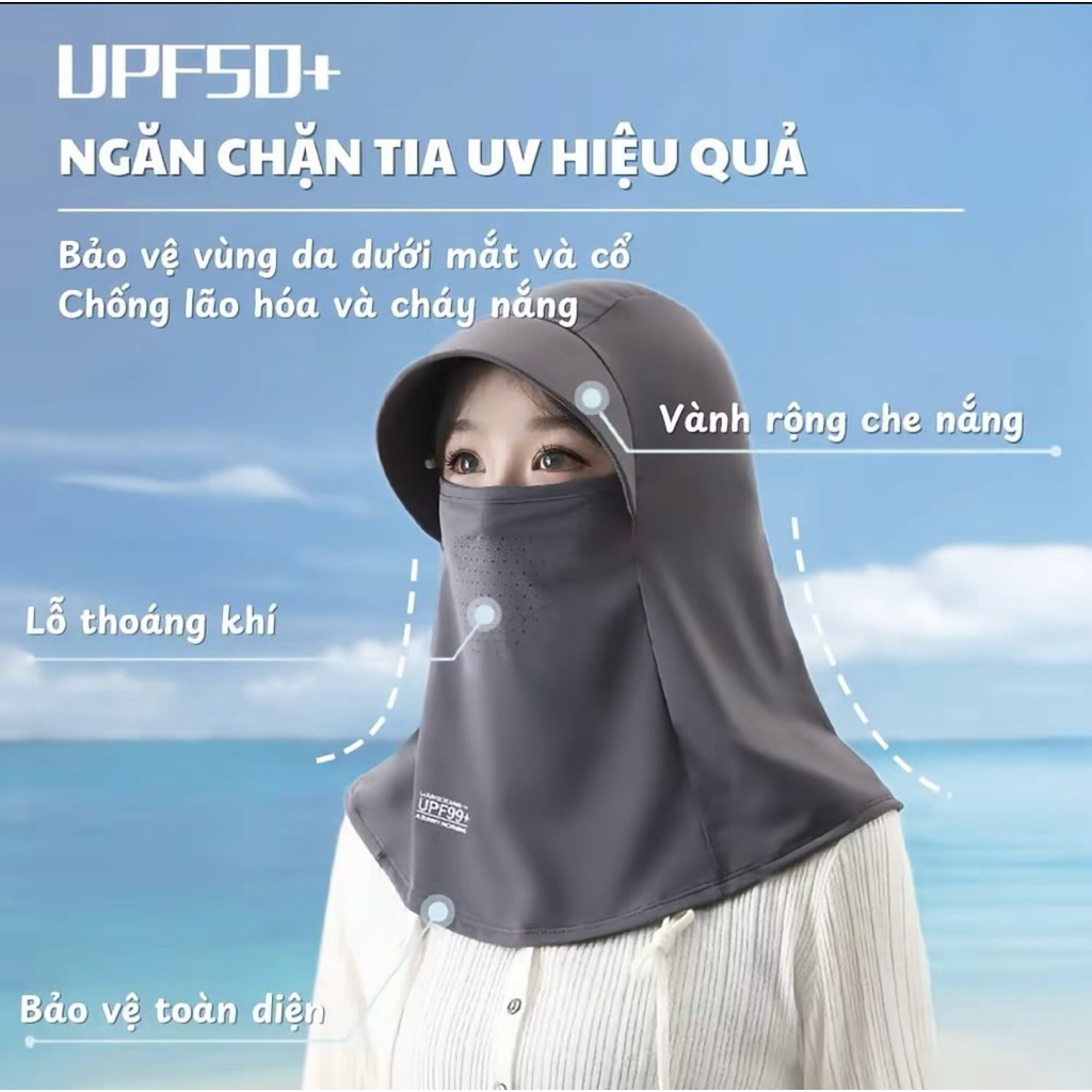 Nón Chống Nắng Liền Khẩu Trang Nữ Che Kín Mặt Chống Tia UV UPF50+ Đi Xe Máy Du Lịch Ngoài Trời