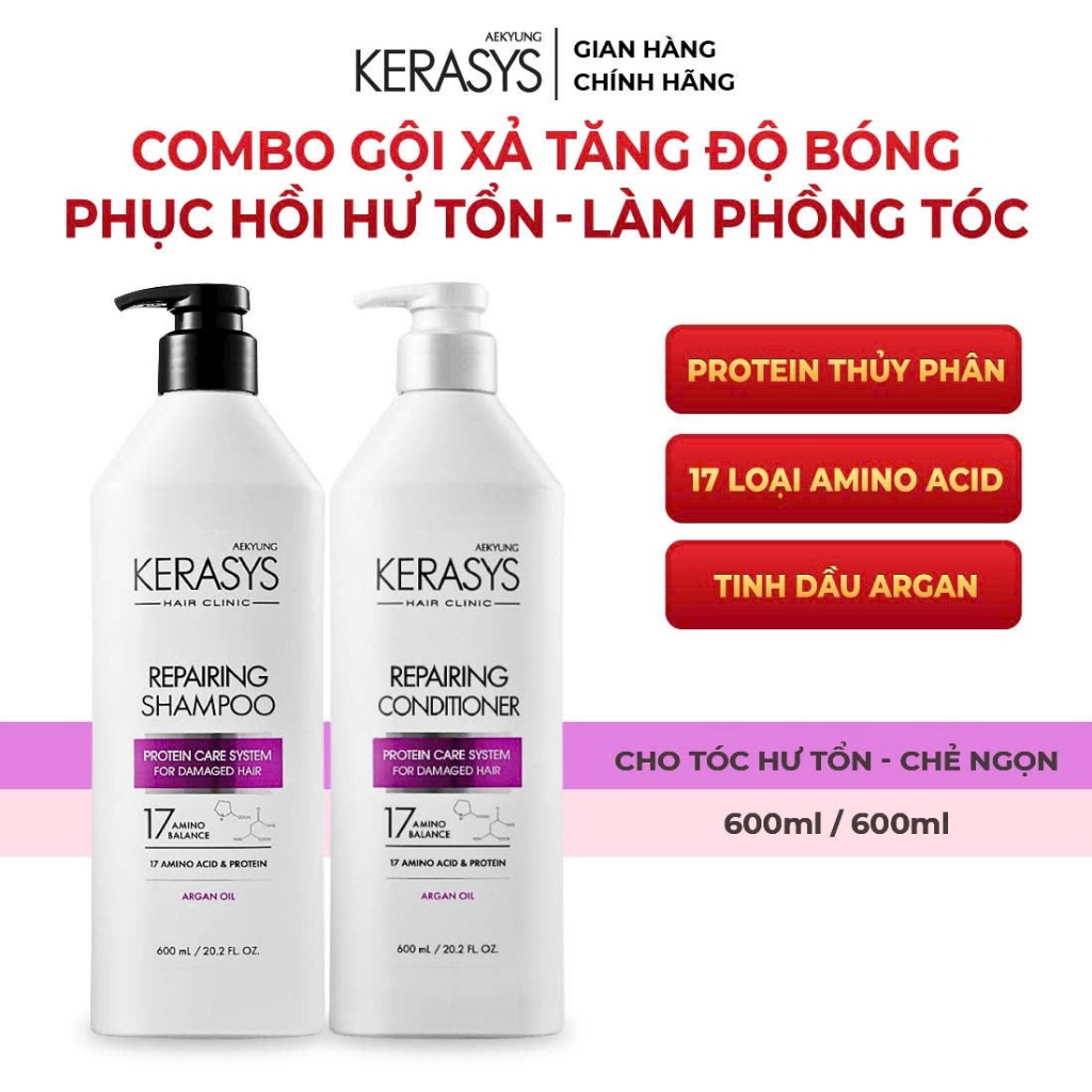 Cặp dầu gội xả phục hồi và tăng cường độ bóng cho tóc khô xơ xỉn màu Kerasys Repairing Hàn Quốc 600ml