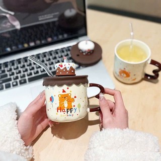 ứ, cốc sứ nắp bánh sinh nhật, quà tặng, ly để bàn dễ thương bánh kem có 2 màu Nâu và Hồng A454