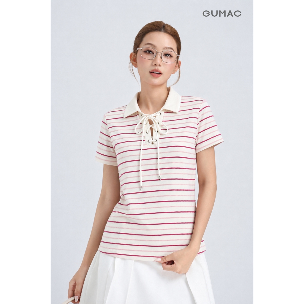 Áo Polo Nữ Gmorning - GUMAC Dây Đan Cách Điệu Cổ Trụ Mắt Cáo Kèm Dây Luồn Tạo Điểm Nhấn Hiện Đại YAPG05052