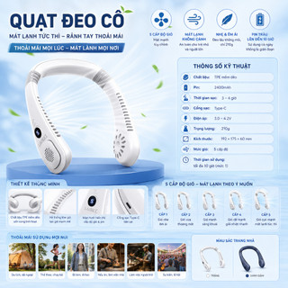 Quạt Đeo Cổ Mini Tích Điện 5 Cấp Độ Gió, Quạt Không Cánh Có Màn Hình LED