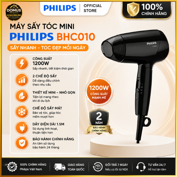 Máy Sấy Tóc Philips BHC010 Chính Hãng, Công Suất 1200W, Nhỏ Gọn Tiện Lợi