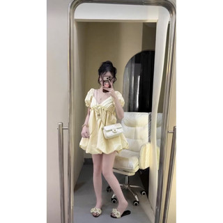 [V1.1271] Áo Váy Babydoll Ly Ngực Cổ V Phối Bèo Form Bồng Bềnh Hàng 2 Lớp Chất Gió 3 Màu