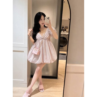 [V1.1271] Áo Váy Babydoll Ly Ngực Cổ V Phối Bèo Form Bồng Bềnh Hàng 2 Lớp Chất Gió 3 Màu
