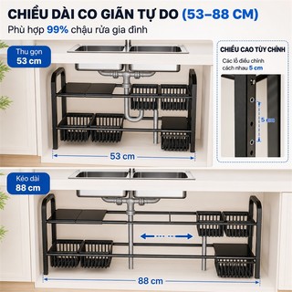 BMZAR Kệ Gầm Bếp Bồn Rửa Kệ Để Xoong Nồi 1&2 Tầng Kệ Để Đồ Nhà Bếp Đa Năng Có thể điều chỉnh độ dài 53-88cm