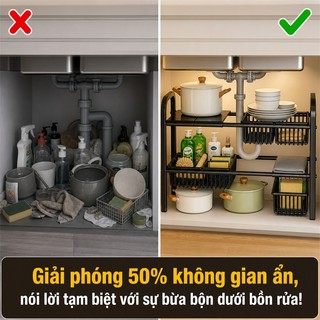 BMZAR Kệ Gầm Bếp Bồn Rửa Kệ Để Xoong Nồi 1&2 Tầng Kệ Để Đồ Nhà Bếp Đa Năng Có thể điều chỉnh độ dài 53-88cm