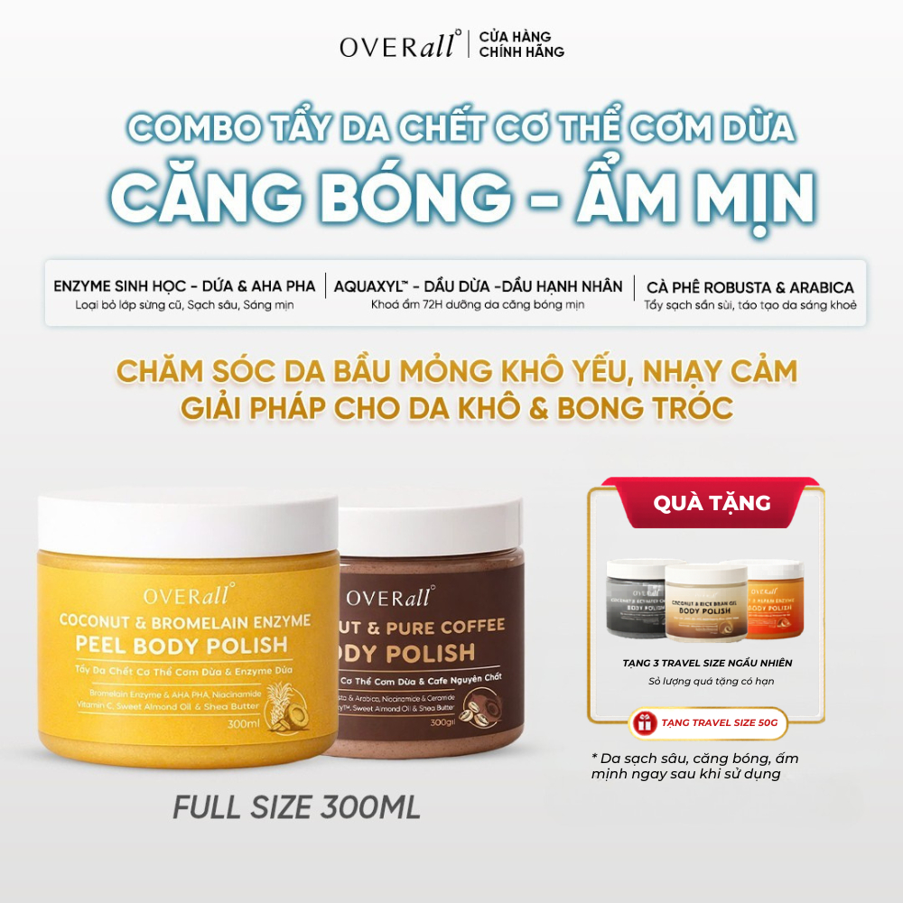 Combo 2 Tẩy Da Chết Cơ Thể Cơm dừa OVERall Dưỡng Da Sáng mịn, Giảm Viêm nang lông, mụn thâm body