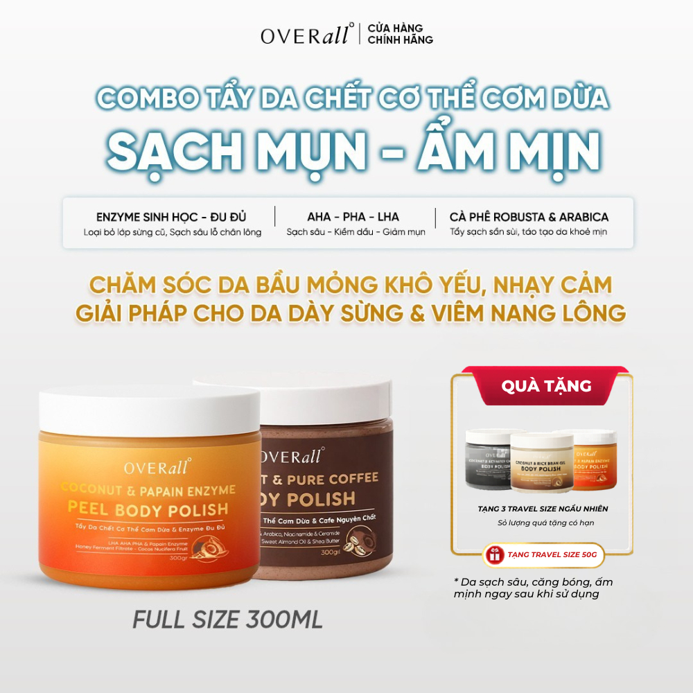 Combo 2 Tẩy Da Chết Cơ Thể Cơm dừa OVERall Dưỡng Da Sáng mịn, Giảm Viêm nang lông, mụn thâm body