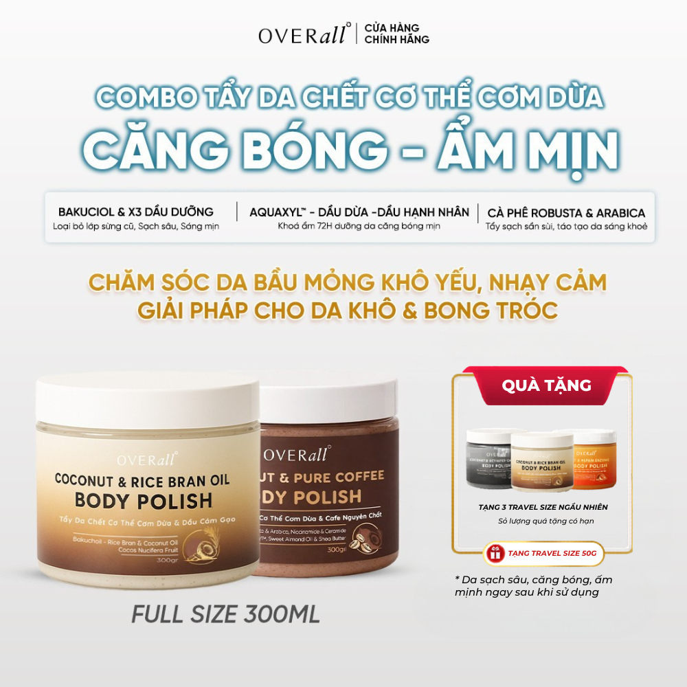 Combo 2 Tẩy Da Chết Cơ Thể Cơm dừa OVERall Dưỡng Da Sáng mịn, Giảm Viêm nang lông, mụn thâm body