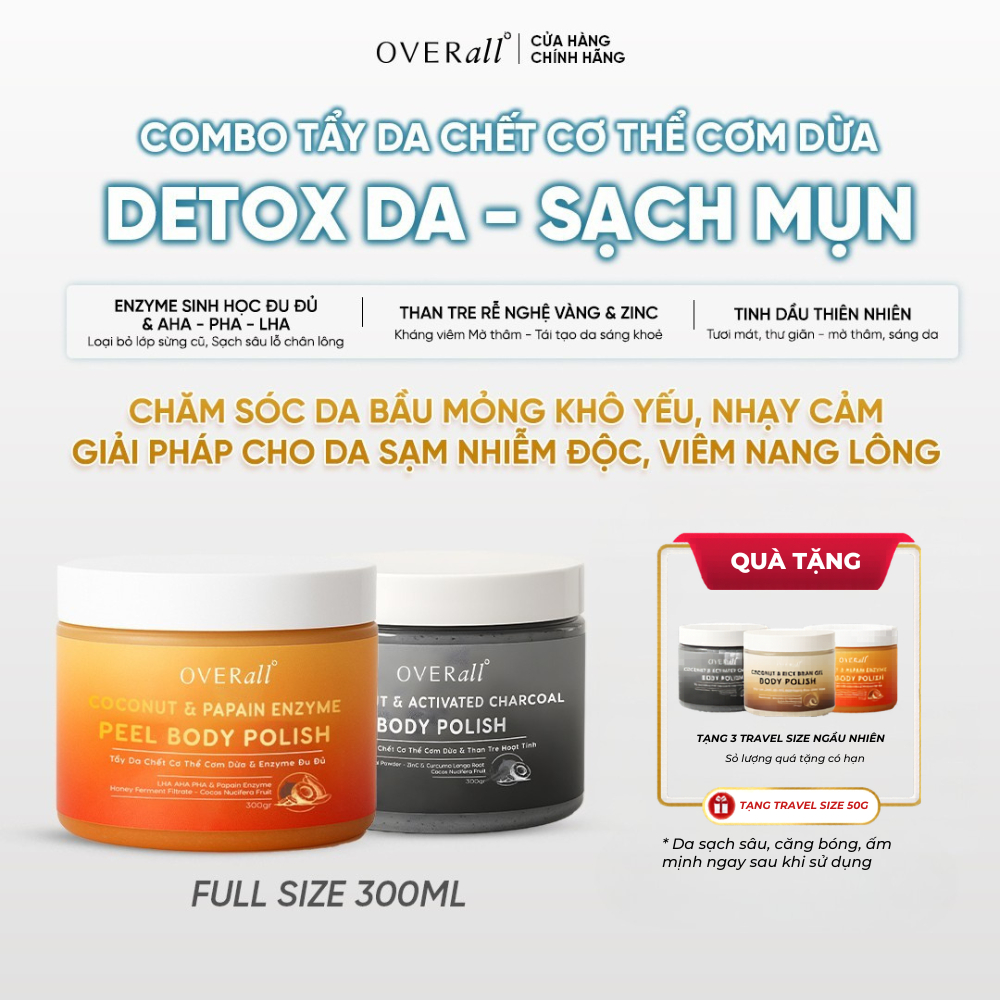 Combo 2 Tẩy Da Chết Cơ Thể Cơm dừa OVERall Dưỡng Da Sáng mịn, Giảm Viêm nang lông, mụn thâm body