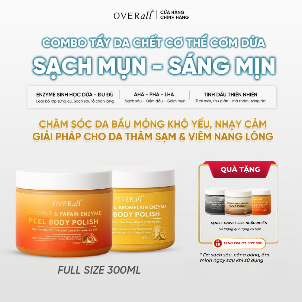 Combo 2 Tẩy Da Chết Cơ Thể Cơm dừa OVERall Dưỡng Da Sáng mịn, Giảm Viêm nang lông, mụn thâm body