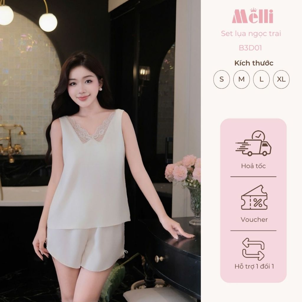 Set bộ Ngủ Nữ Lụa Ngọc Trai Cao Cấp Phối Ren Cổ V Quyến Rũ - B3D01
