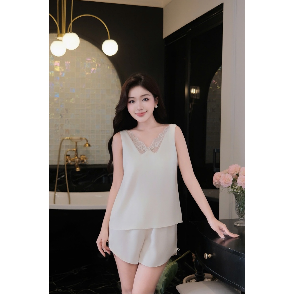 Set bộ Ngủ Nữ Lụa Ngọc Trai Cao Cấp Phối Ren Cổ V Quyến Rũ - B3D01