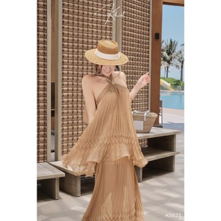 Set váy dài phối áo cổ yếm Khiết Style đính charm tơ nâu dập ly phong cách nhẹ nhàng nữ tính bay bổng Khiết KS623