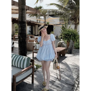 [S2.4369] Set Áo Babydoll Ly Ngực Tay Phồng Mix Chân Váy Bí Phồng 3 Màu Hàng 2 Lớp Chất Thô Gió
