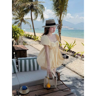 [S2.4369] Set Áo Babydoll Ly Ngực Tay Phồng Mix Chân Váy Bí Phồng 3 Màu Hàng 2 Lớp Chất Thô Gió