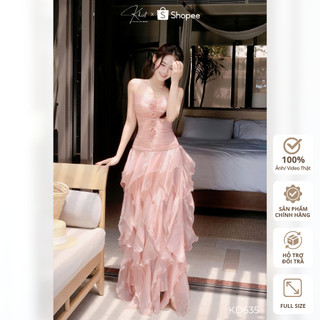 Đầm dài maxi tằm ngọc trai Khiết Style hồng pastel đính hoa 3D ngọt ngào bay bổng KD635