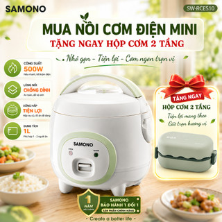 (Tặng hộp cơm) Nồi Cơm Điện mini SAMONO 1 Lít Công suất 500W - Lòng nồi chống dính - Kèm xửng hấp SW-RCES10