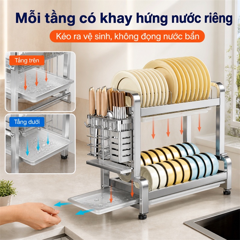 BMZAR Kệ Bát Đĩa Inox 2/3 Tầng Khay thoát nước miễn phí Kệ đựng chén bát Inox 304 Giá để bát đĩa nhà bếp | BigBuy360 - bigbuy360.vn