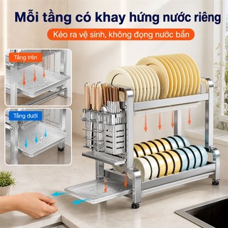 BMZAR Kệ Bát Đĩa Inox 2/3 Tầng Khay thoát nước miễn phí Kệ đựng chén bát Inox 304 Giá để bát đĩa nhà bếp