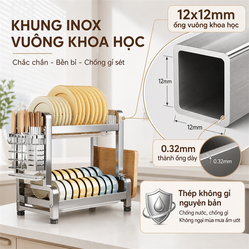 BMZAR Kệ Bát Đĩa Inox 2/3 Tầng Khay thoát nước miễn phí Kệ đựng chén bát Inox 304 Giá để bát đĩa nhà bếp | BigBuy360 - bigbuy360.vn