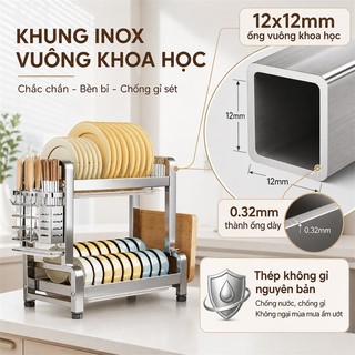 BMZAR Kệ Bát Đĩa Inox 2/3 Tầng Khay thoát nước miễn phí Kệ đựng chén bát Inox 304 Giá để bát đĩa nhà bếp
