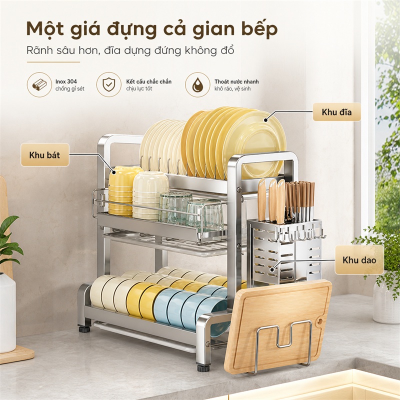 BMZAR Kệ Bát Đĩa Inox 2/3 Tầng Khay thoát nước miễn phí Kệ đựng chén bát Inox 304 Giá để bát đĩa nhà bếp | BigBuy360 - bigbuy360.vn