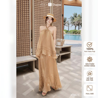 Set váy dài phối áo cổ yếm Khiết Style đính charm tơ nâu dập ly phong cách nhẹ nhàng nữ tính bay bổng Khiết KS623
